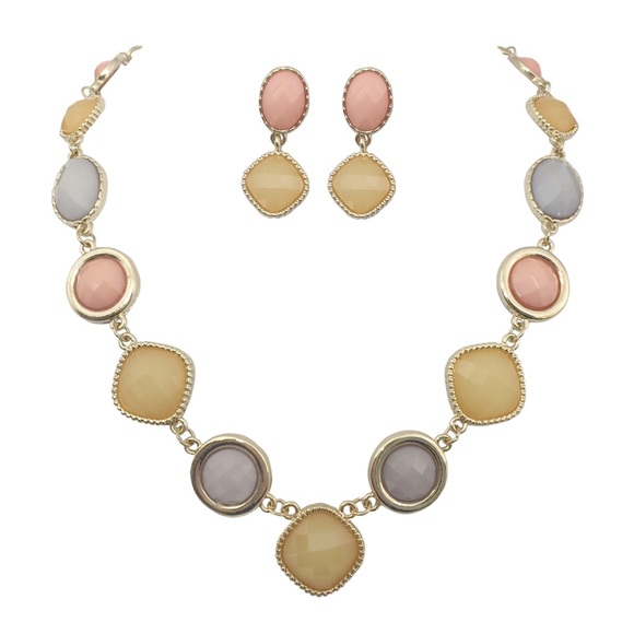 Peach Pink Grey Tones Gold Multi Shape Statement Necklace Earrings Set - Picture 1 of 3